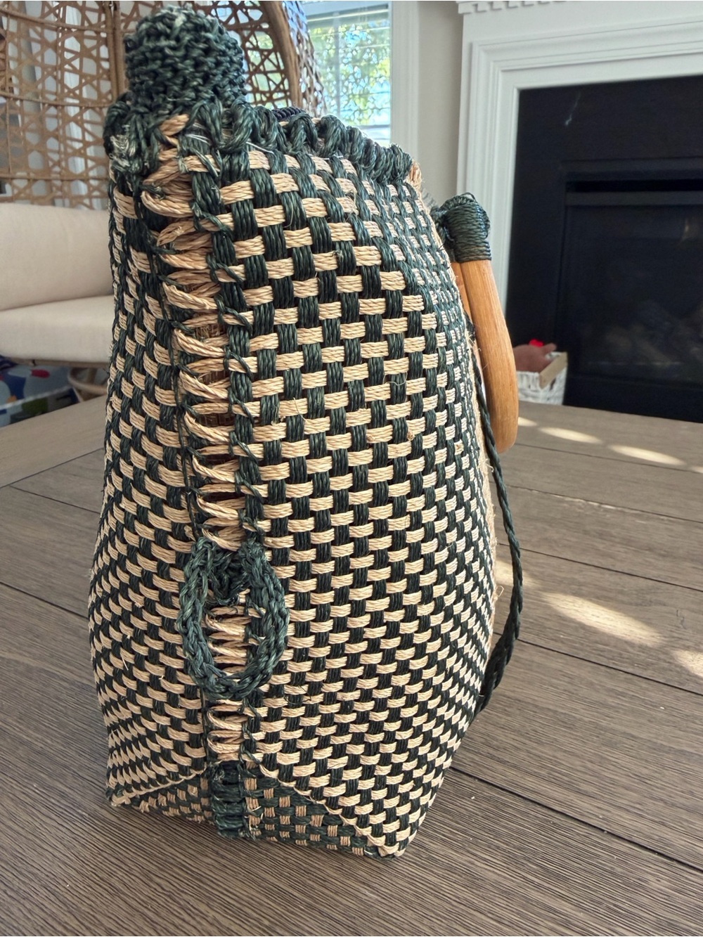Woven Straw Tote Bag with Green Accents - Picture 3 of 6
